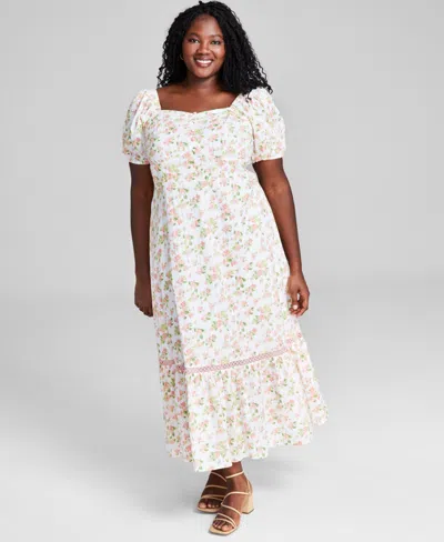 And Now This Trendy Plus Size Puff-sleeve Floral Maxi Dress, Created For Macy's In Warm Peach Floral