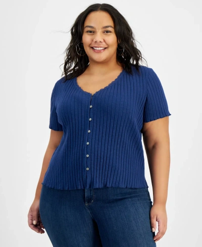 And Now This Trendy Plus Size Ribbed Short-sleeve Top In Navy