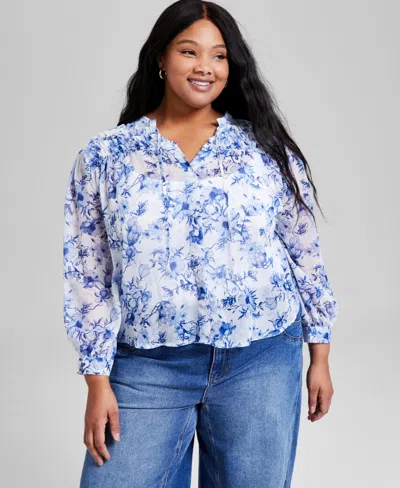 And Now This Trendy Plus Size Ruffled Button-front Top, Exclusively At Macy's In Blue Floral