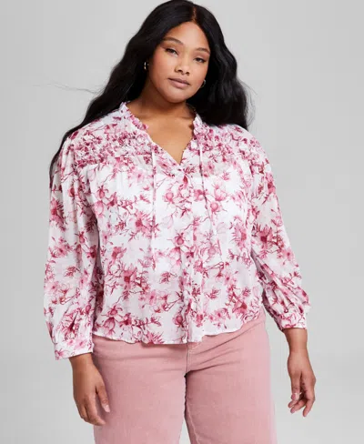 And Now This Trendy Plus Size Ruffled Button-front Top, Exclusively At Macy's In Crimson Floral