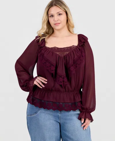 And Now This Trendy Plus Size Ruffle-front Long-sleeve Blouse, Macy's Exclusive In Burgundy