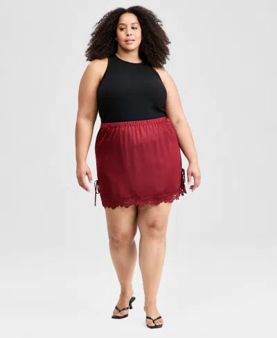 And Now This Trendy Plus Size Satin Lace-trim Mini Skirt, Macy's Exclusive In Burgundy