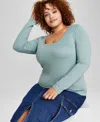 And Now This Trendy Plus Size Scoop-neck Long-sleeve Jersey Top, Created For Macy's In Green Mili