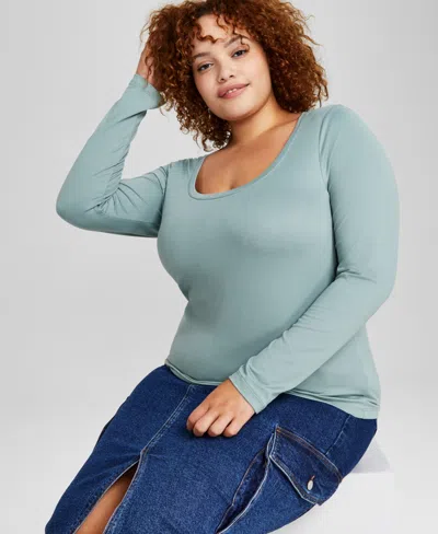 And Now This Trendy Plus Size Scoop-neck Long-sleeve Jersey Top, Created For Macy's In Green Mili
