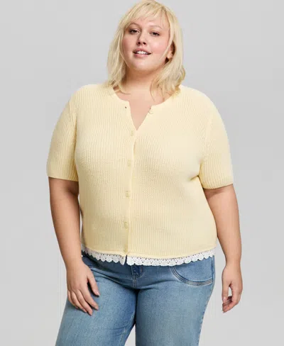 And Now This Trendy Plus Size Short-sleeve Crewneck Cardigan, Macy's Exclusive In Yellow