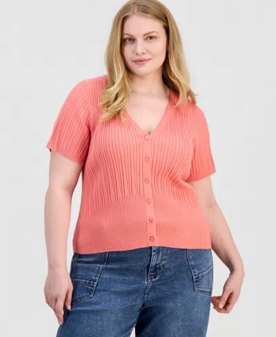 And Now This Trendy Plus Size Short-sleeve Ribbed V-neck Cardigan In Pink