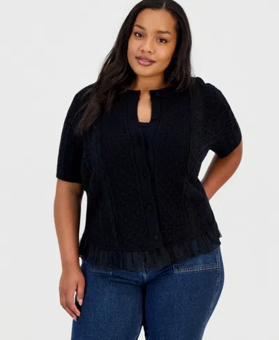 And Now This Trendy Plus Size Short-sleeve Pointelle Lace-hem Cardigan, Macy's Exclusive In Black