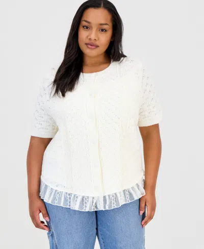 And Now This Trendy Plus Size Short-sleeve Pointelle Lace-hem Cardigan, Macy's Exclusive In White