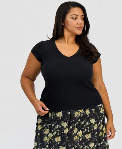 And Now This Trendy Plus Size Short-sleeve Ringer Tee, Macy's Exclusive In Black