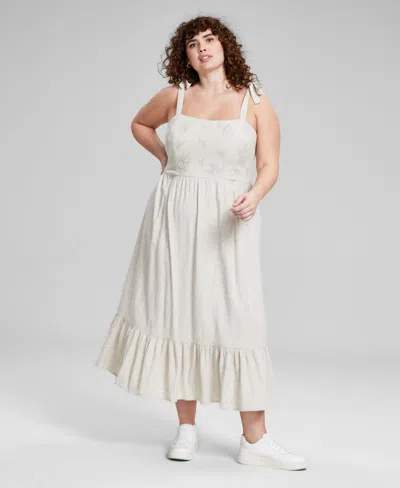 And Now This Trendy Plus Size Shoulder-tie Embroidered Dress, Created For Macy's In Tan