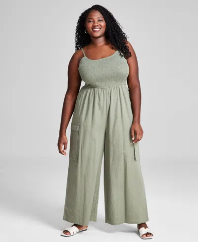 And Now This Trendy Plus Size Smocked Jumpsuit, Created For Macy's In Crushed Oregano