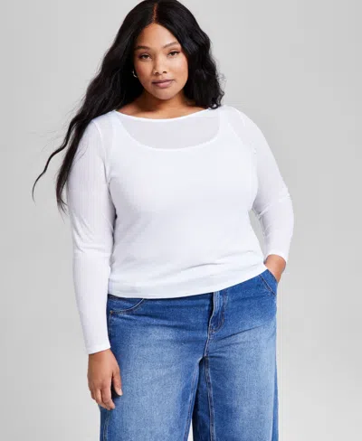 And Now This Trendy Plus Size Solid Boat-neck Long-sleeve Layered Top, Exclusively At Macy's In White