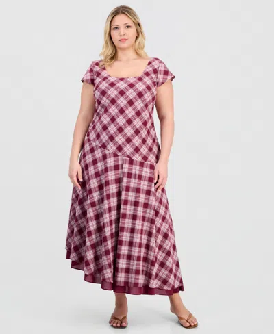 And Now This Trendy Plus Size Square-neck Short-sleeve Cotton Maxi Dress, Macy's Exclusive In Wine Plaid