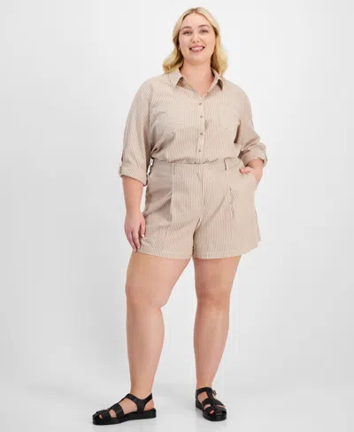 And Now This Trendy Plus Size Striped Front-pleat Shorts, Exclusively At Macy's In Tan Stripe