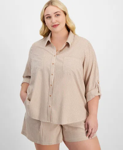 And Now This Trendy Plus Size Striped Roll-tab Shirt, Exclusively At Macy's In Tan Stripe