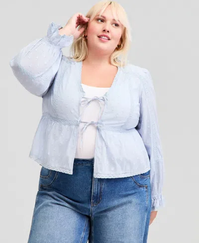 And Now This Trendy Plus Size Textured Tie-front Cotton Top, Macy's Exclusive In Blue