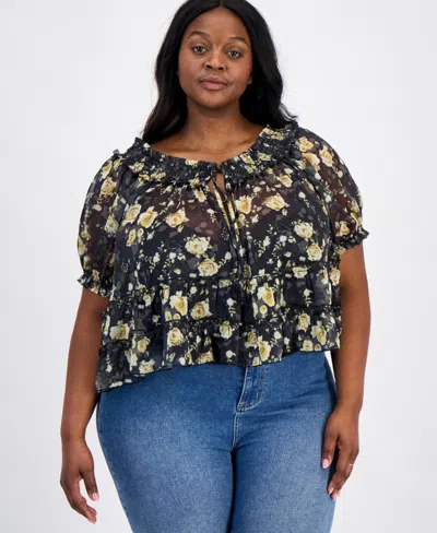 And Now This Trendy Plus Size Tie-front Puff-sleeve Top, Macy's Exclusive In Black