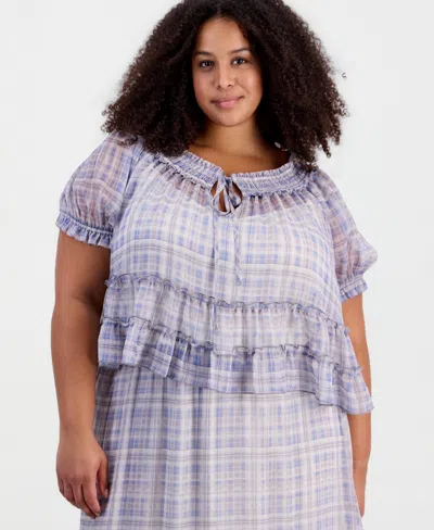 And Now This Trendy Plus Size Tie-front Puff-sleeve Top, Macy's Exclusive In Blue