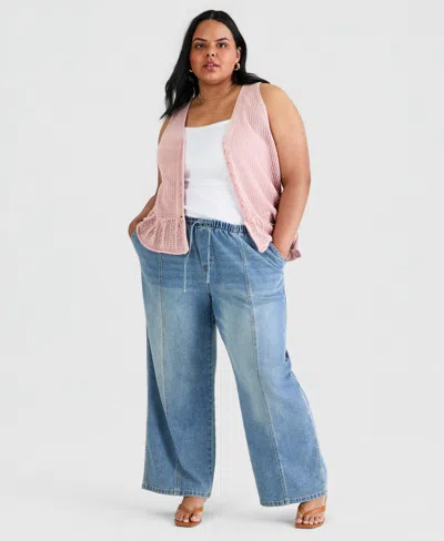 And Now This Trendy Plus Size Tie-waist Wide-leg Jeans, Macy's Exclusive In Medium Wash