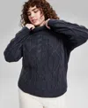 And Now This Trendy Plus Size Turtleneck Cable-knit Sweater, Created For Macy's In Charcoal Hthr