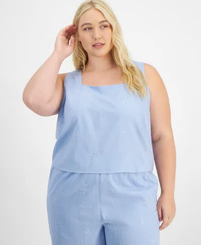 And Now This Trendy Plus Square-neck Embroidered Tank, Exclusively At Macy's In Blue