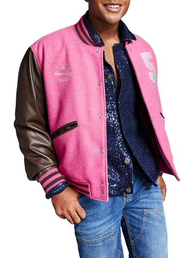 And Now This Varsity Mens Faux Leather Trim Colorblock Bomber Jacket In Pink