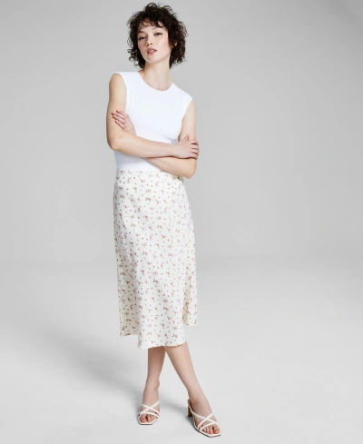 And Now This Woman's Floral-print Satin Midi Skirt, Created For Macy's In Ivory,mauve