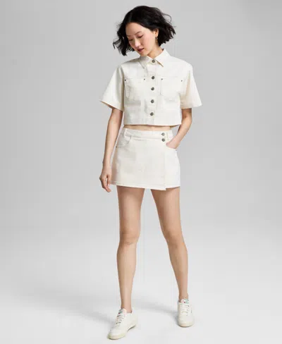 And Now This Women's Short-sleeve Cropped Denim Shirt Jacket, Exclusively At Macy's In Macadamia