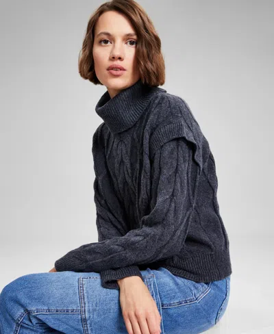And Now This Women's Cable-knit Turtleneck Sweater, Created For Macy's In Charcoal Heather