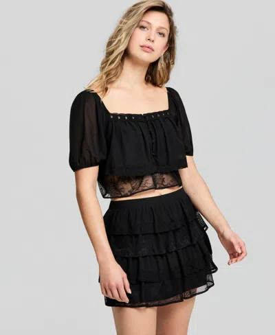 And Now This Women's Chiffon Lace Short-sleeve Top, Macy's Exclusive In Black