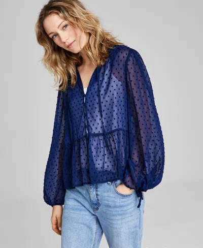 And Now This Women's Clip-dot Tie-neck Button-down Woven Blouse In Indigo Batik