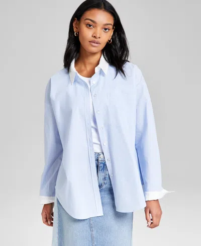 And Now This Women's Cotton Button-front Long-sleeve Shirt, Exclusively At Macy's In Blue Stripe