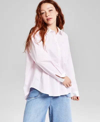 And Now This Women's Cotton Button-front Long-sleeve Shirt, Exclusively At Macy's In Coral Blush Stripe