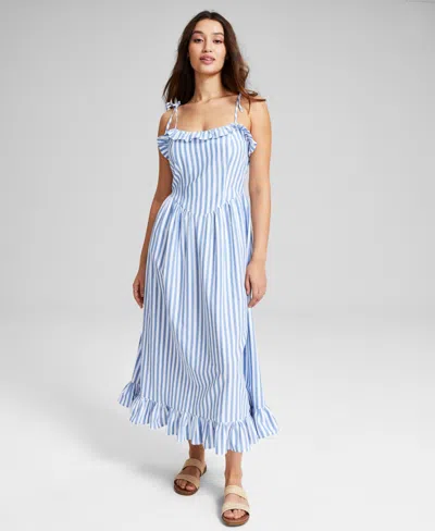 And Now This Women's Cotton Corset Ruffled Sleeveless Midi Dress, Created For Macy's In Blue  White Stripe