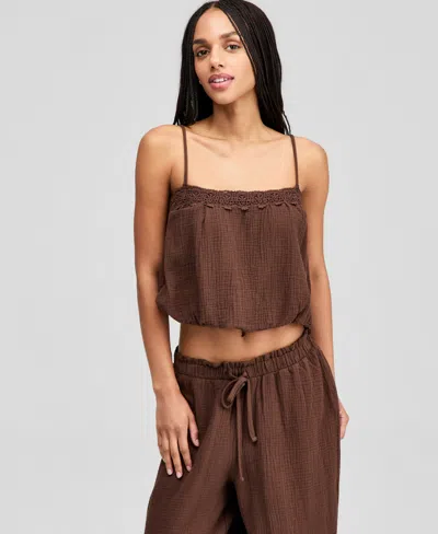 And Now This Women's Cotton Crochet-trim Bubble-hem Top, Macy's Exclusive In Brown