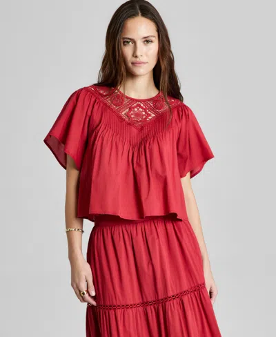 And Now This Women's Cotton Crochet-trim Short-sleeve Top, Macy's Exclusive In Red