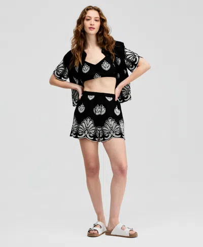 And Now This Women's Cotton Cutwork-embroidered Shorts, Macy's Exclusive In Black