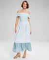 And Now This Trendy Plus Size Cotton Off-the-shoulder Smocked Dress, Created For Macy's In Ocean Surf Print