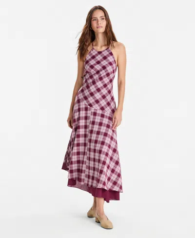 And Now This Women's Cotton Plaid Cami-strap Asymmetric Dress, Macy's Exclusive In Pink