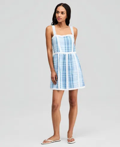 And Now This Women's Cotton Plaid Lace-trim Dress, Macy's Exclusive In Blue