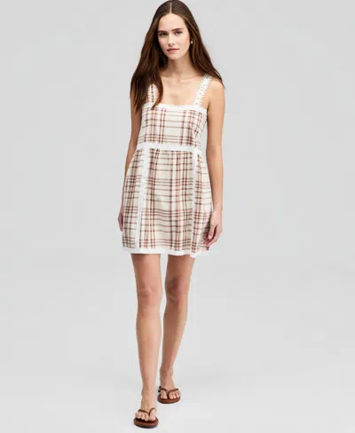 And Now This Women's Cotton Plaid Lace-trim Dress, Macy's Exclusive In Brown