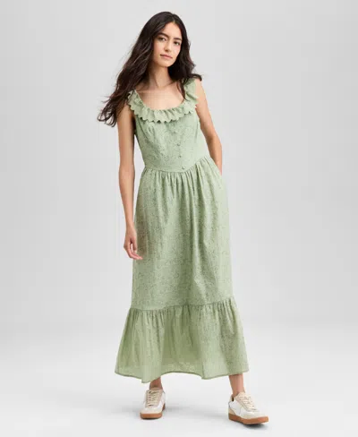And Now This Women's Cotton Ruffle-trim Scoop-neck Voile Maxi Dress, Exclusively At Macy's In Green