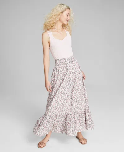 And Now This Women's Cotton Ruffled Smocked Maxi Skirt In White Floral
