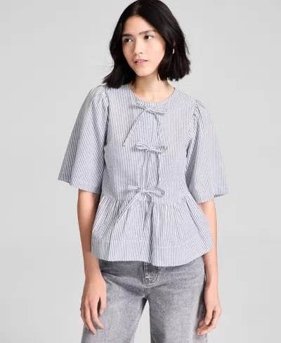 And Now This Women's Cotton Tie-front Peplum Top, Exclusively At Macy's In Indigo Batik Stripe