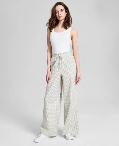 And Now This Women's Cotton Tie-waist Wide-leg Pants, Exclusively At Macy's In Herbal Sage Gingjam