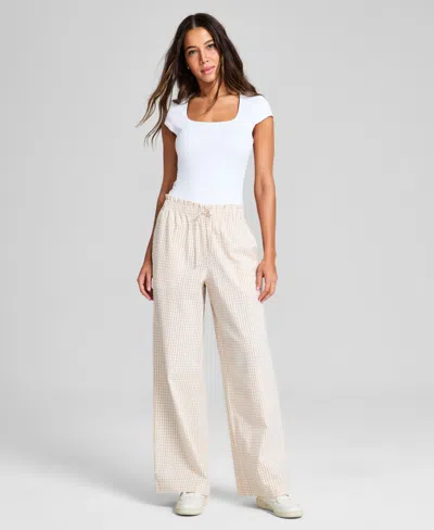 And Now This Women's Cotton Tie-waist Wide-leg Pants, Exclusively At Macy's In Tan Gingham
