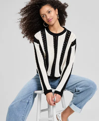 And Now This Women's Crewneck Stripe Crochet Sweater, Macy's Exclusive In Black