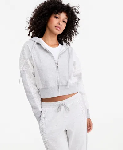 And Now This Women's Crochet Cropped Fleece Zip Hoodie, Macy's Exclusive In Light Grey