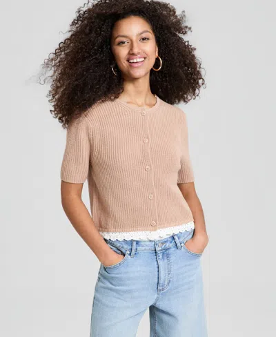 And Now This Women's Crochet-trim Rib-knit Sweater, Macy's Exclusive In Brown