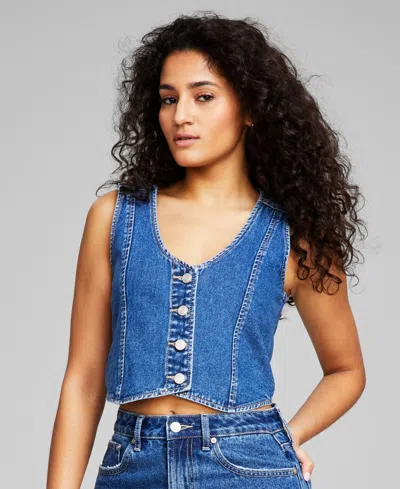 And Now This Women's Cropped Denim Vest, Created For Macy's In Medium Wash